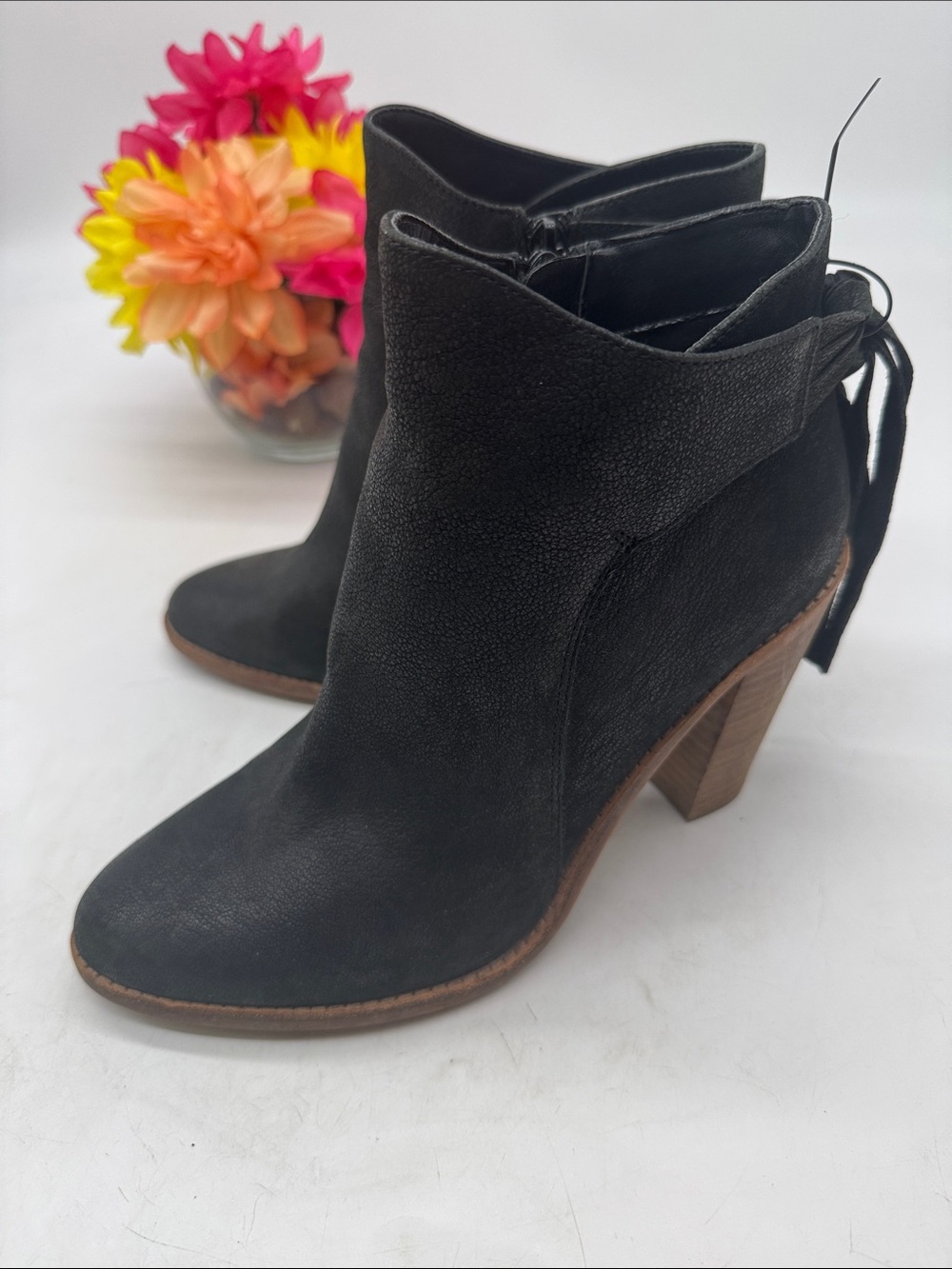 Women's Black Ankle Booties with Tie-Back Detail Size 7.5